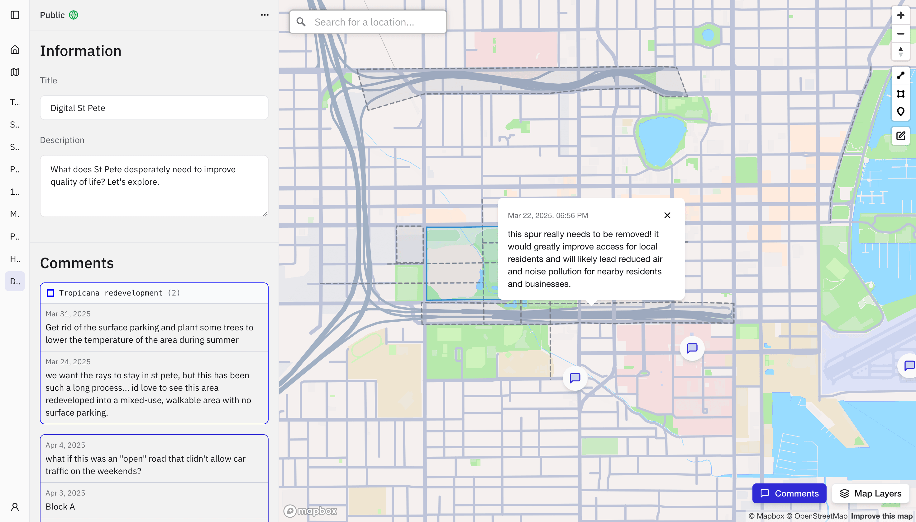Interactive map showing community feedback and engagement features